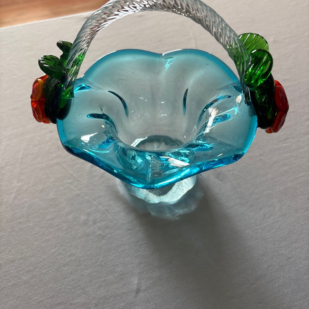 Hand blown art glass basket applied flowers murano style twisted handle .